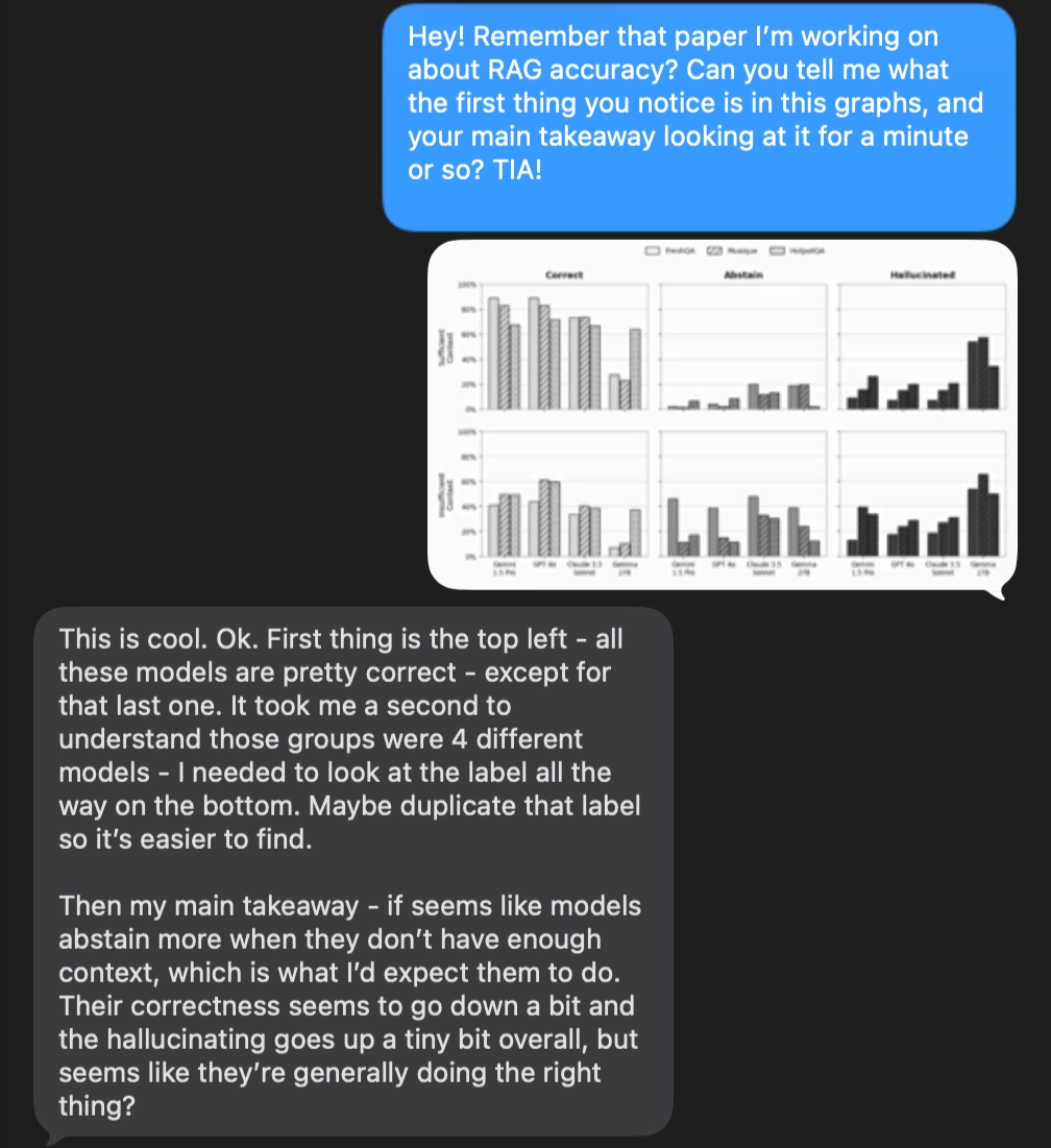 A text message exchange asking a friend for feedback on a draft figure